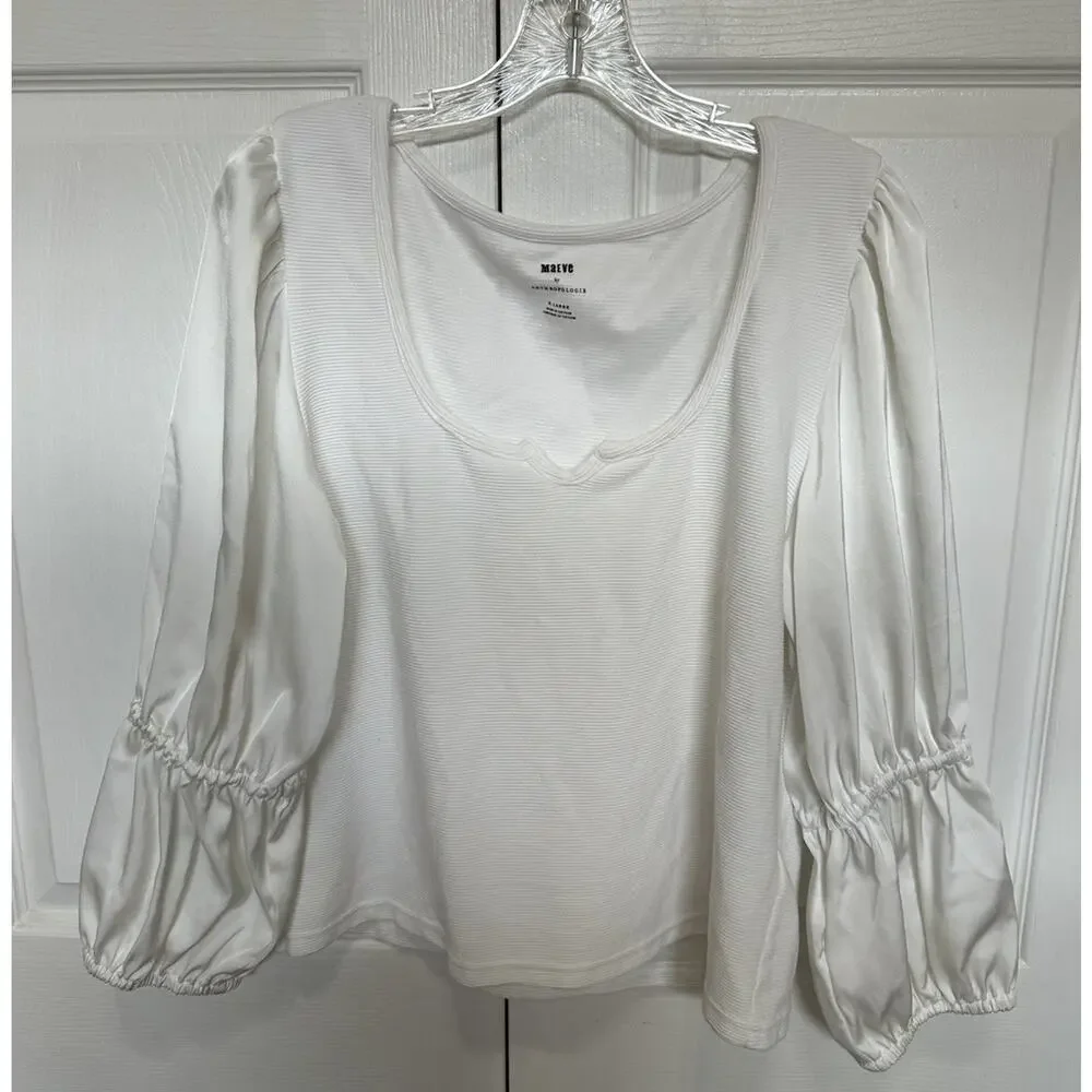 Maeve Anthropologie Top Women XL White Satin Sleeve Blouse Romantic Ribbed